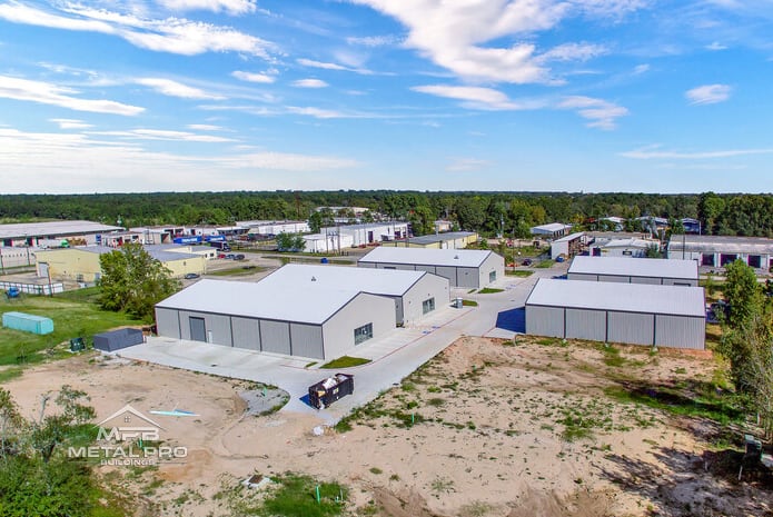 View from the top on 5 grey warehouse buildings