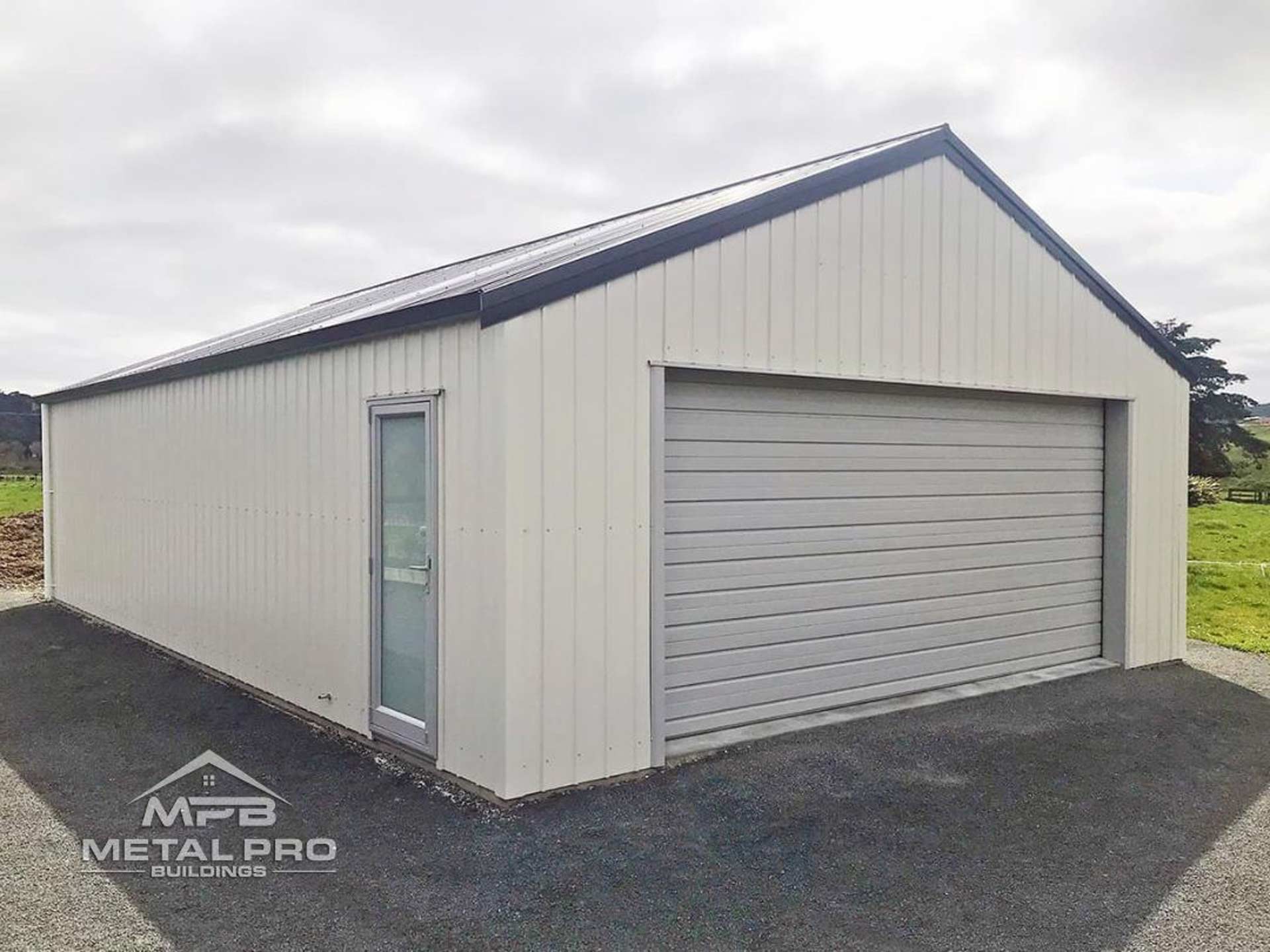 exterior of a rigid metal garage with a service door