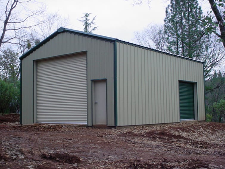 Prefab garage steel building with two doors.