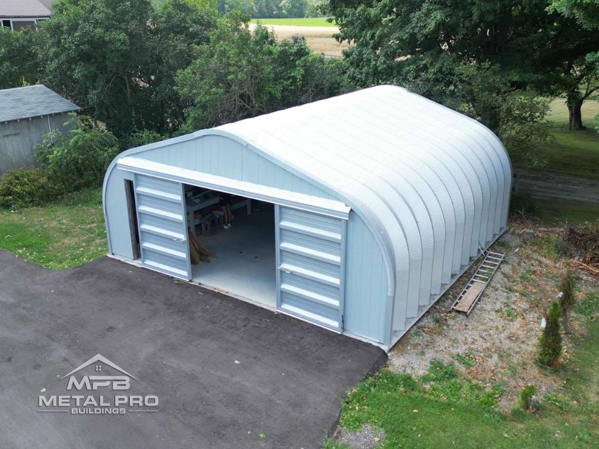 exterior of a quonset econospan model garage/workshop building