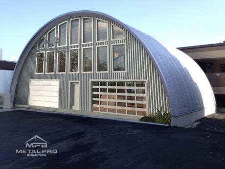 quonset hut building s model, beige endwall with garage and entry door