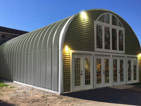 quonset hut building s model, green endwall with windows and entry door