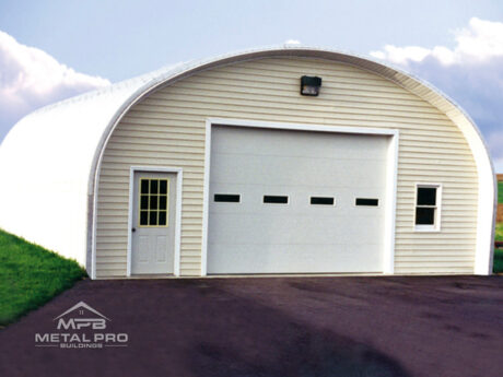 quonset hut building s model, cream endwall with garage and entry door