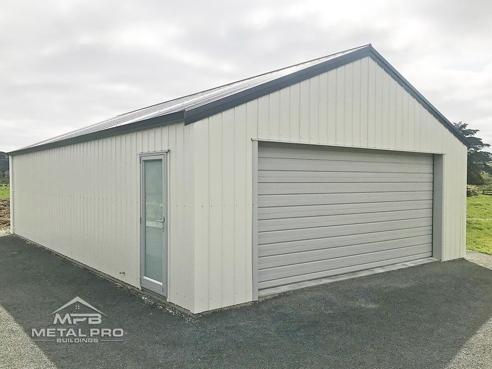 CFS residential garage building with grey painted roof and beige walls.