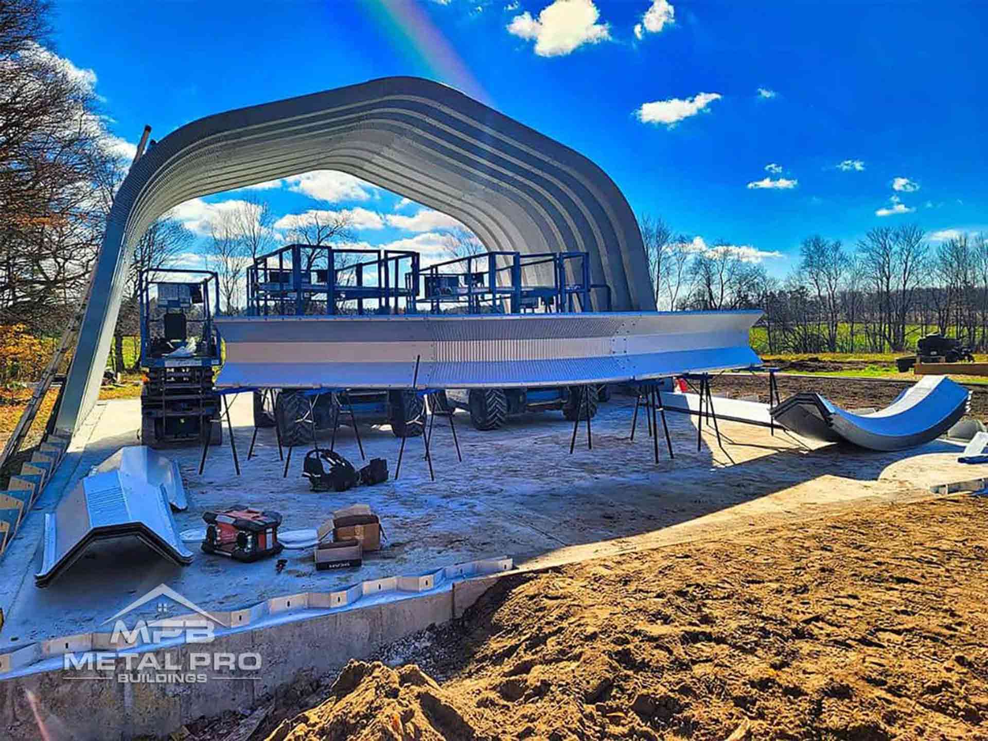 exterior of a metal shed being erected