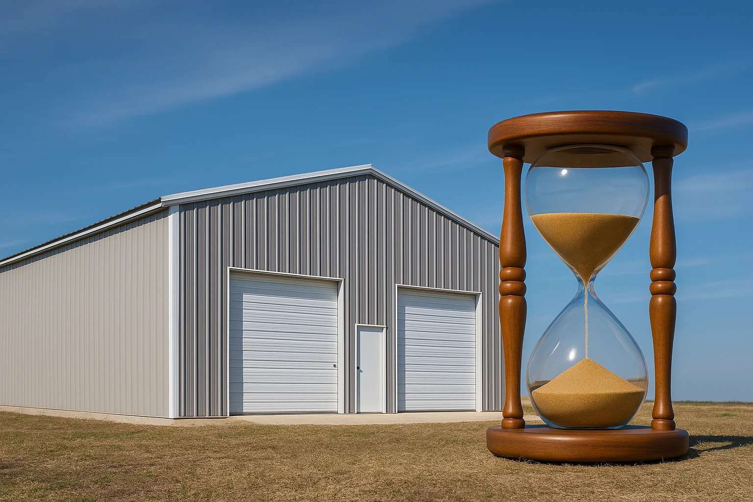 Metal building with roll-up doors beside hourglass symbolizing lifespan.
