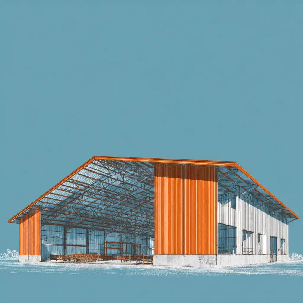 Large metal building with orange-white exterior and exposed steel frame.