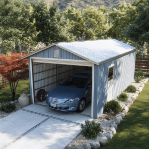 Small blue metal garage with one car parked inside, surrounded by plants.