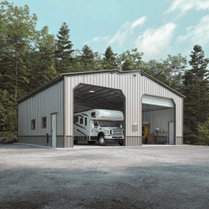 Large metal garage with RV and workshop inside, surrounded by trees.