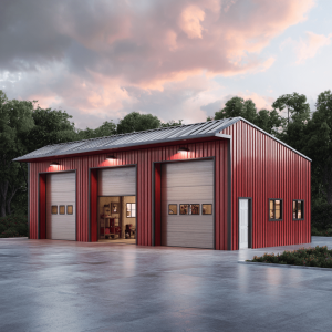 Red 3-car metal garage with three large roll-up doors and side door.