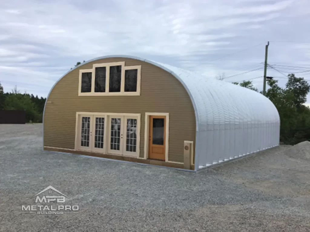 quonset hut building s model, brown endwall with windows and entry door