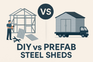 Illustration comparing DIY steel shed construction with prefab shed delivery on a truck