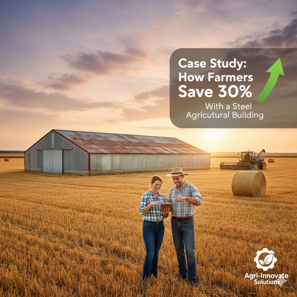 Farmers in a field using a tablet near a steel barn with hay baler working at sunset
