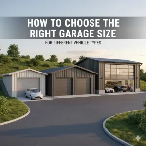 Modern metal garages of different sizes house various vehicles including cars, trucks, and bikes.