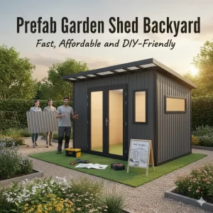 People assembling a modern prefab garden shed in a landscaped backyard at sunset