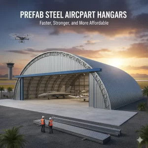 Steel aircraft hangar at sunrise with planes inside and workers inspecting metal beams