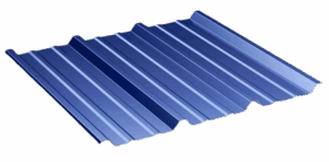 Blue R-panel corrugated metal roofing sheet with raised ridges