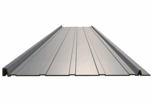 Silver snap-lock metal roofing panel with raised interlocking seams