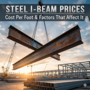 Large steel I-beams lifted by crane at construction site with text about steel beam prices.