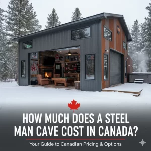 Modern steel man cave with open garage, cozy interior and fireplace in snowy forest setting