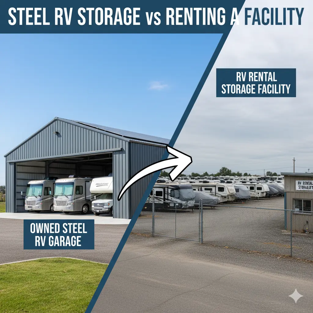 Comparison of owning a steel RV garage versus renting space at an RV storage facility.