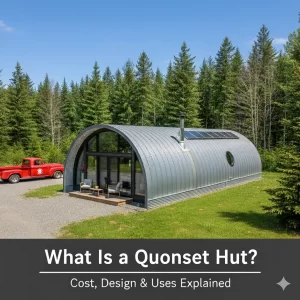 Curved metal Quonset hut with glass front and red truck parked beside it in a forest clearing.