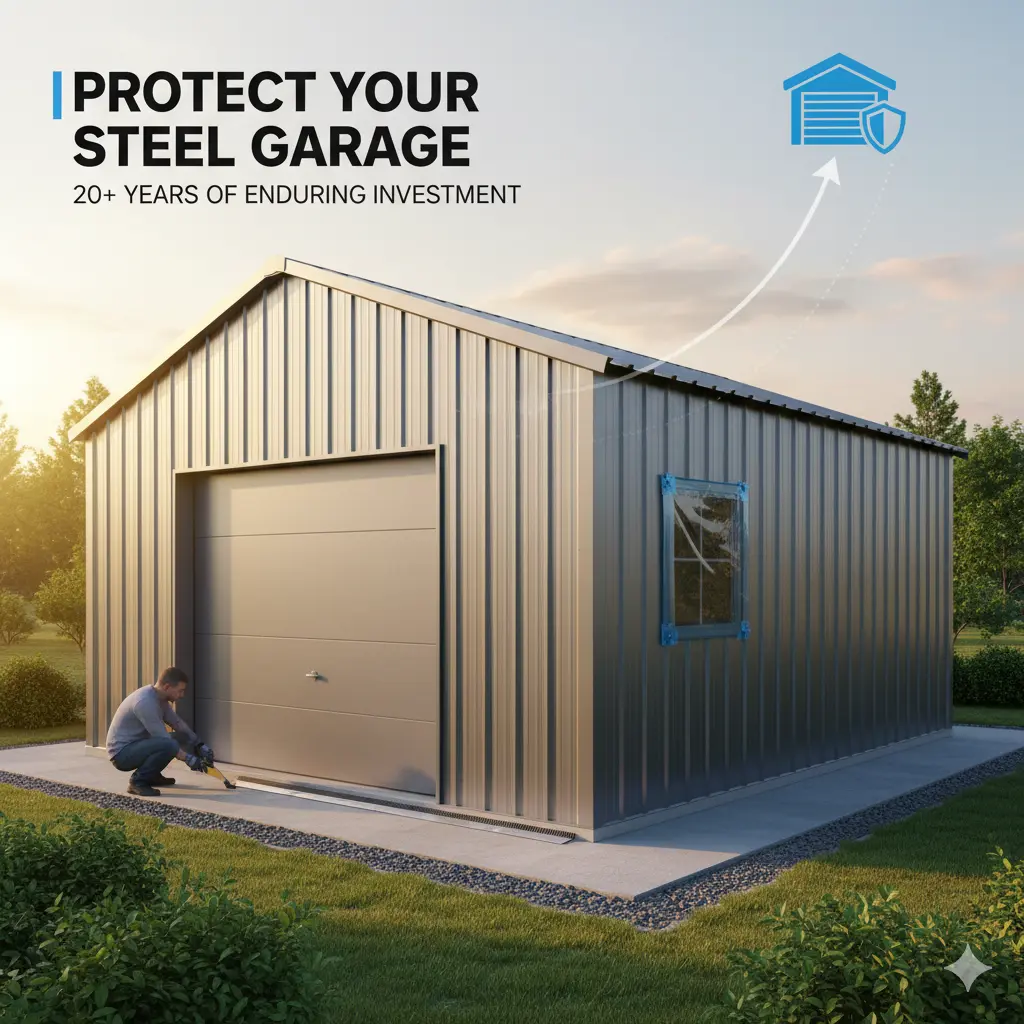 Man sealing a modern steel garage exterior with text promoting 20+ years of protection.