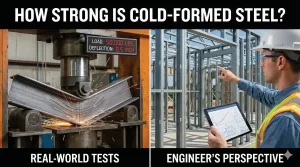 Cold-formed steel strength shown by press test with sparks and engineer reviewing steel framing