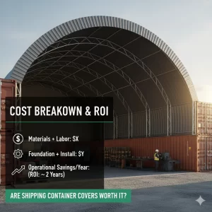 Large container cover structure with worker inside and cost breakdown overlay on screen