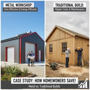 Side-by-side comparison of metal workshop and traditional wood build highlighting cost differences.