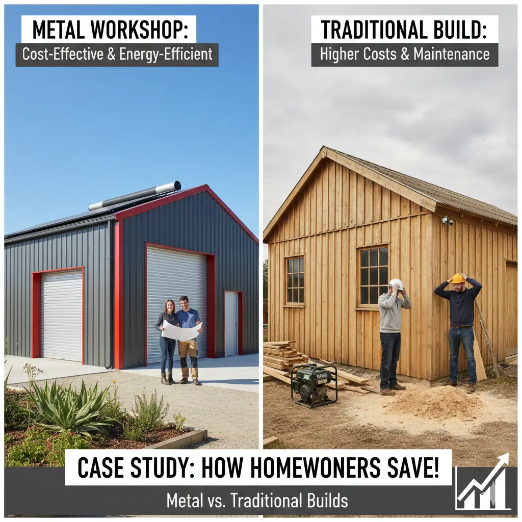 Side-by-side comparison of metal workshop and traditional wood build highlighting cost differences.