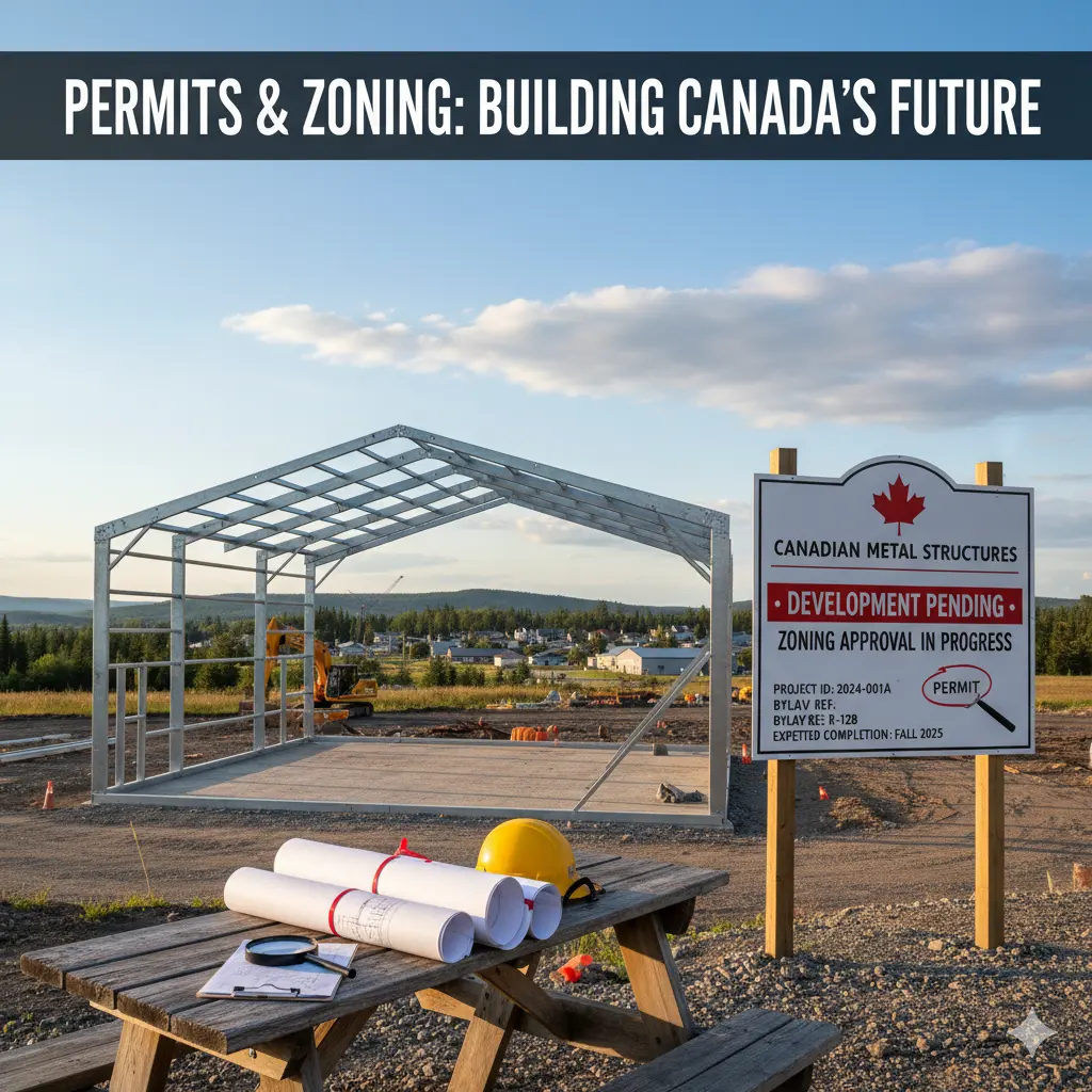 Steel building frame on open site with permit sign, plans, and hard hat on table in foreground