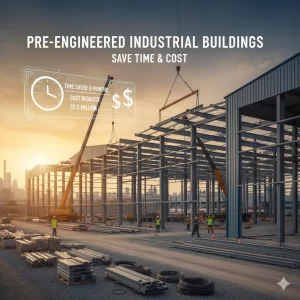 Construction crew assembling pre-engineered steel building with cranes at sunset.