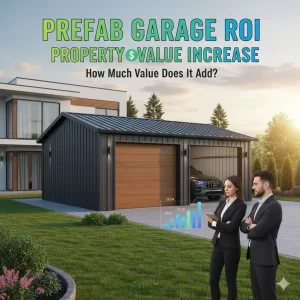 Prefab garage beside modern home with two professionals reviewing property value increase
