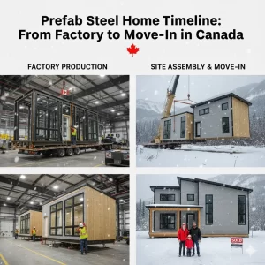 Prefab steel home built in factory, delivered and assembled on snowy site with family outside
