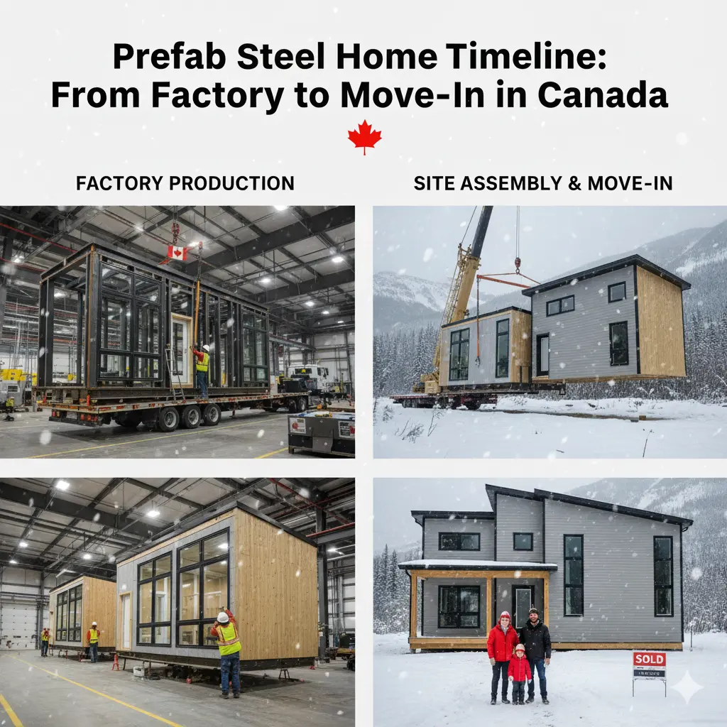 Prefab steel home built in factory, delivered and assembled on snowy site with family outside