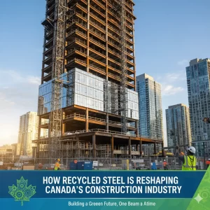 High-rise steel building under construction with workers onsite and city towers in background