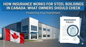 Steel building with Canadian flag and insurance policy graphic labeled ‘Protecting Your Investment