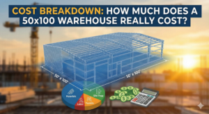 Graphic showing 50×100 warehouse cost breakdown with blueprint, pie chart, money icons, and calculator