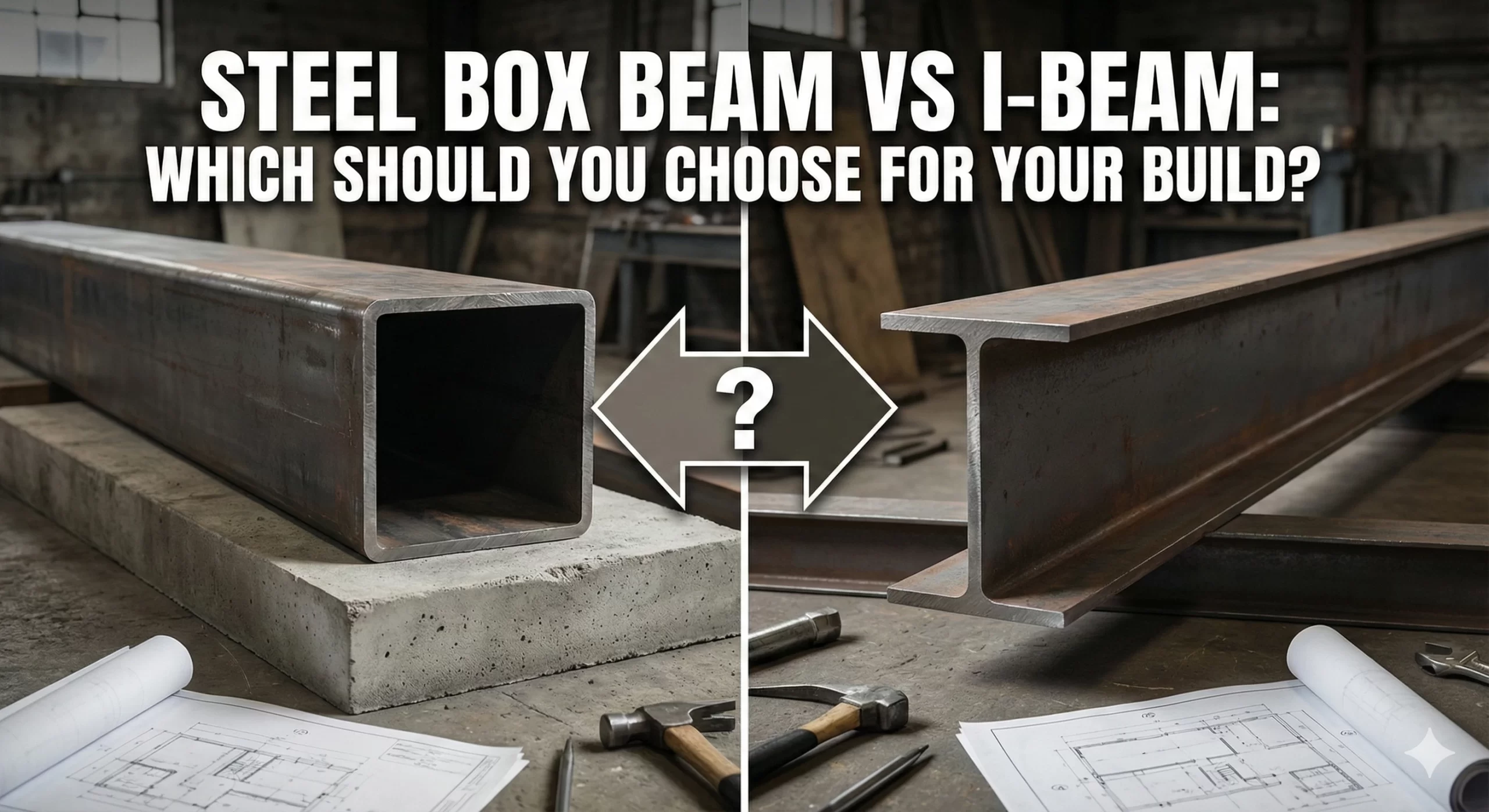 Steel box beam vs. I-beam comparison in workshop setting.