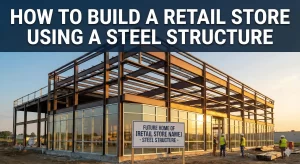 Steel-framed retail building under construction with workers and sign at sunset