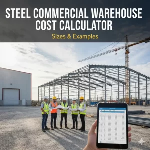 Construction team at a steel warehouse site with a tablet showing a cost calculator.