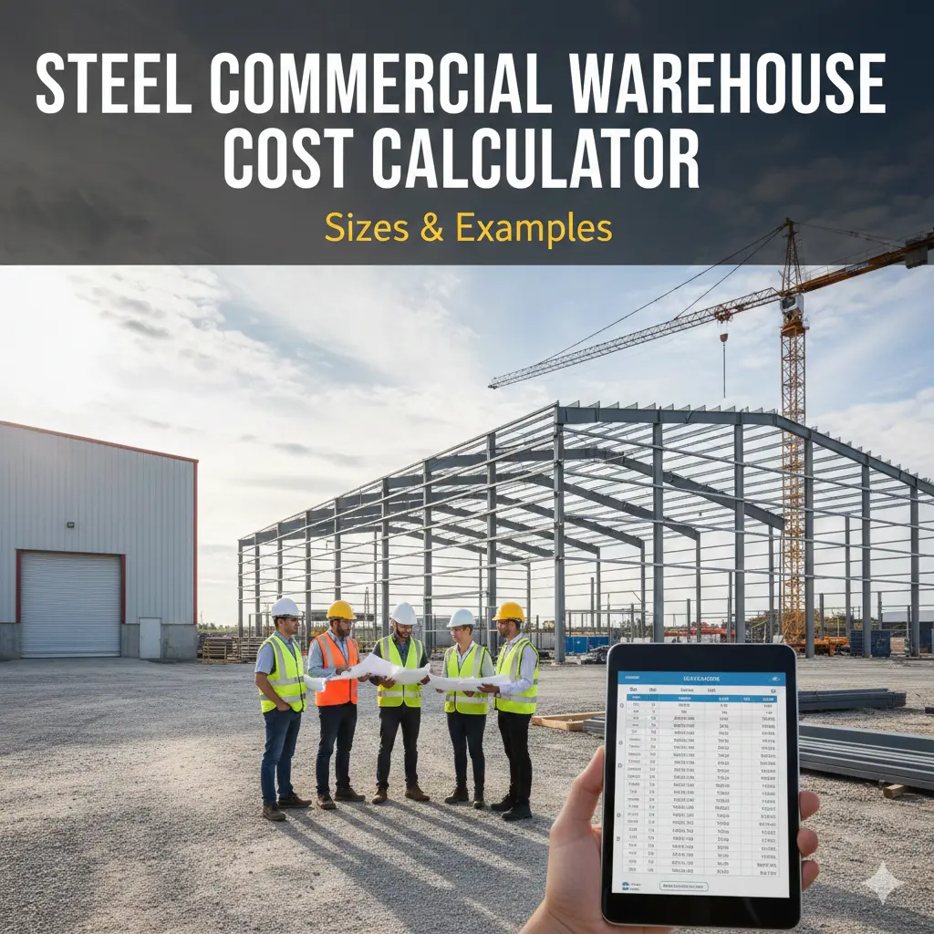 Construction team at a steel warehouse site with a tablet showing a cost calculator.