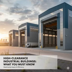 High-clearance industrial buildings with large open doors and a truck, with text overlay.