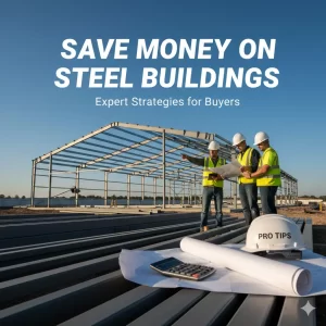 Three construction workers in safety vests review blueprints at a steel building site under a blue sky, with the text "SAVE MONEY ON STEEL BUILDINGS" and "Expert Strategies for Buyers."