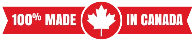 Red banner with white maple leaf icon and text: 100% MADE IN CANADA.