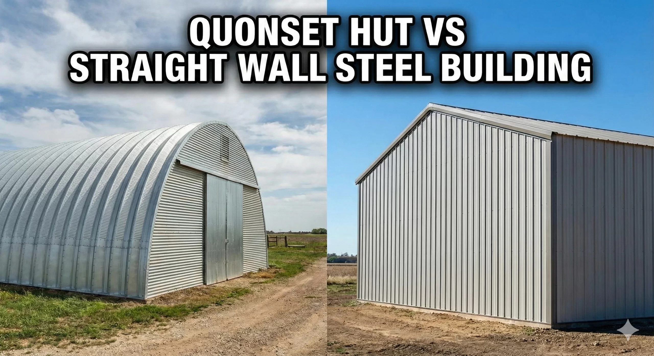 Side-by-side comparison of a curved Quonset hut and a straight-wall steel building on rural land