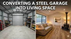 Split screen showing a metal garage interior before and after conversion to living space.