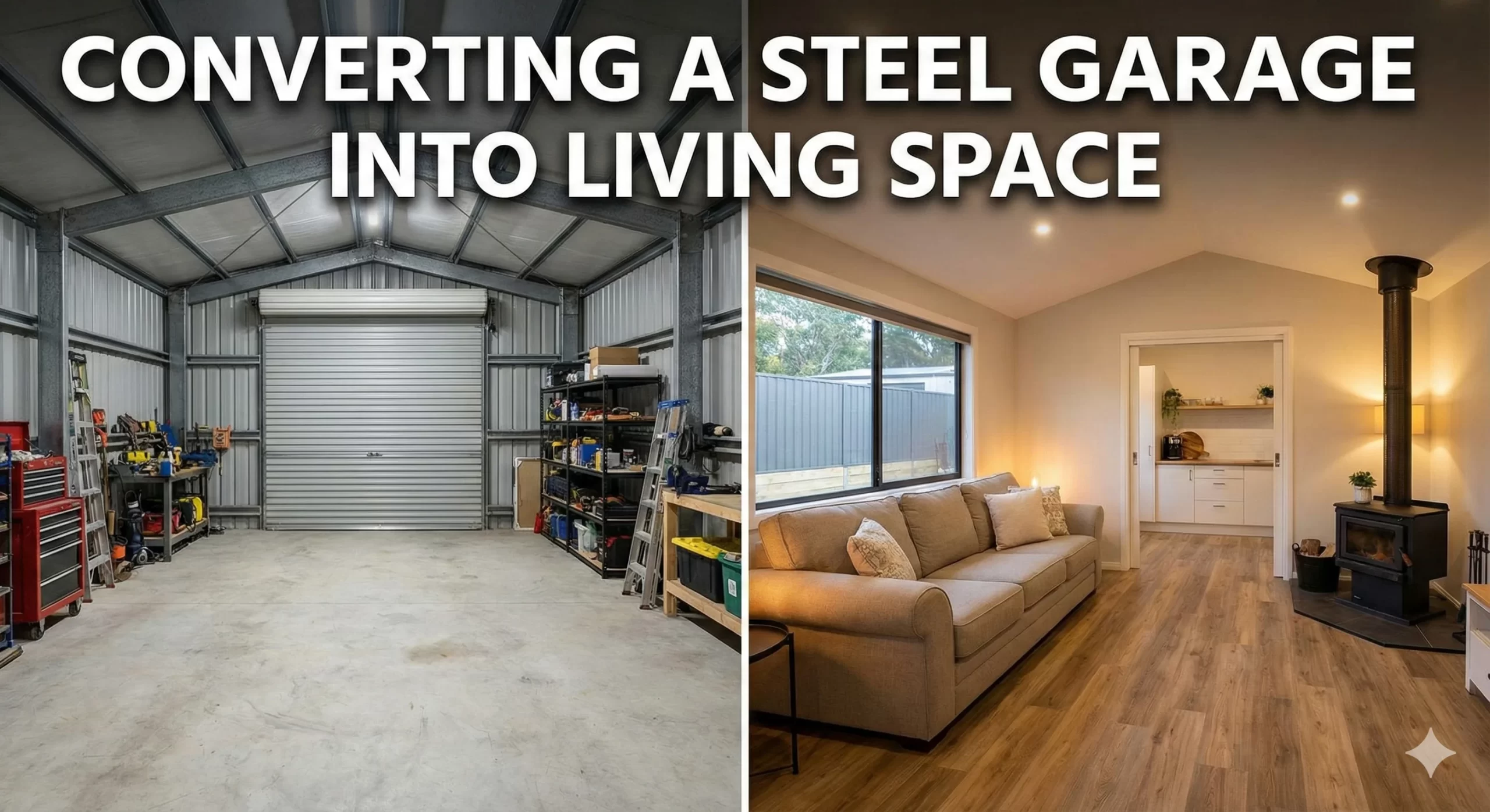 Split screen showing a metal garage interior before and after conversion to living space.