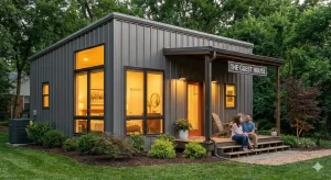 Modern steel guest house with warm lighting, porch seating, and trees at dusk